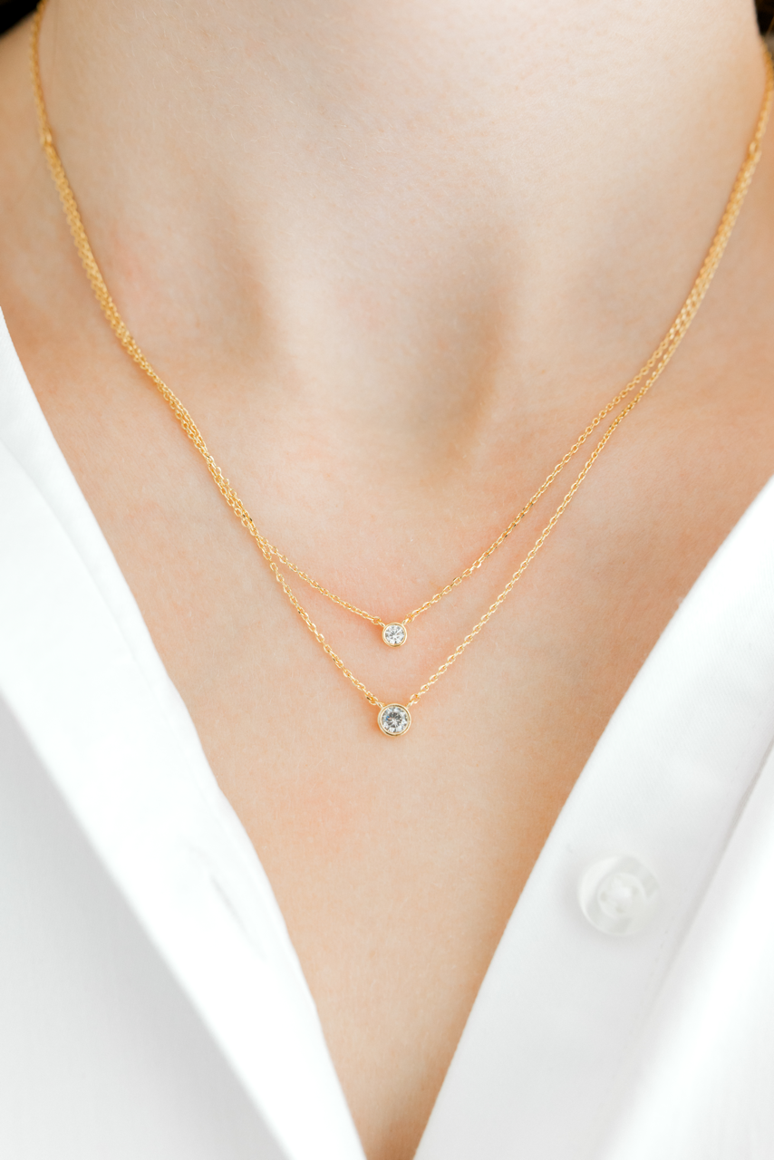 Double Layer Necklace with Framed Cubic Zirconia (Gold)